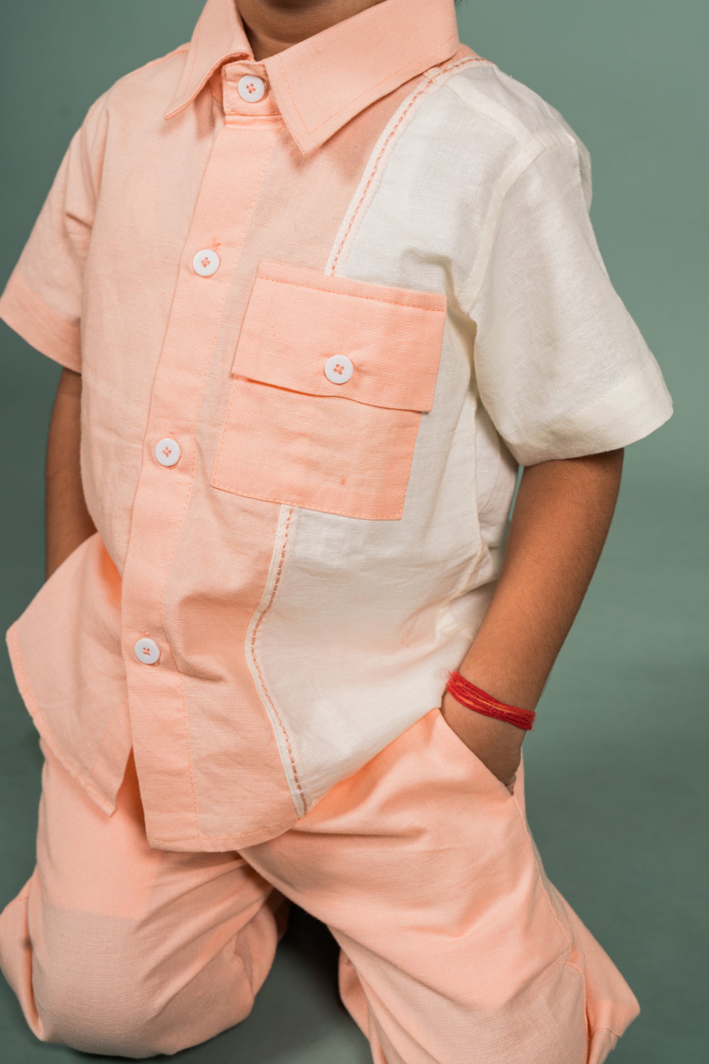 Color-Blocked Peach White Shirt Pant Set