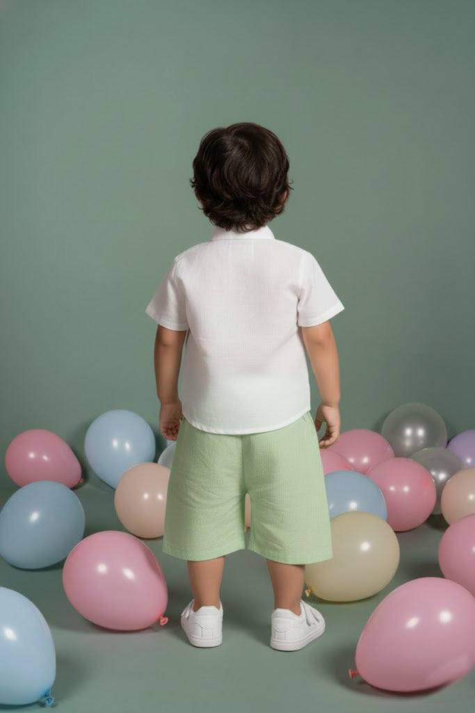 Bear Patch Green White Shirt shorts Set