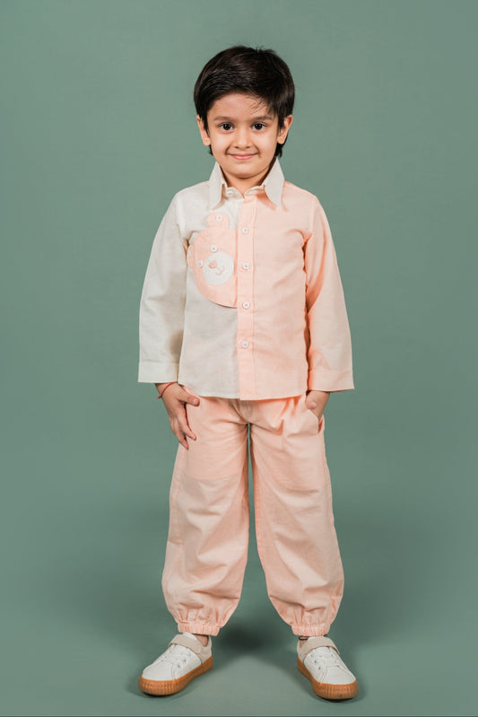 Bear Hug Peach White Shirt Pant Set