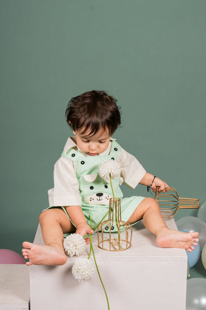 Puppy Green White Dungree set