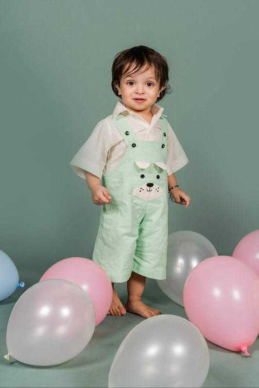 Puppy Green White Dungree set