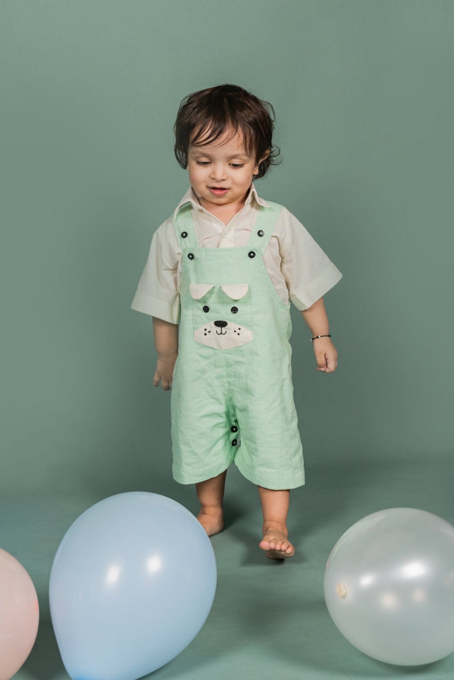 Puppy Green White Dungree set