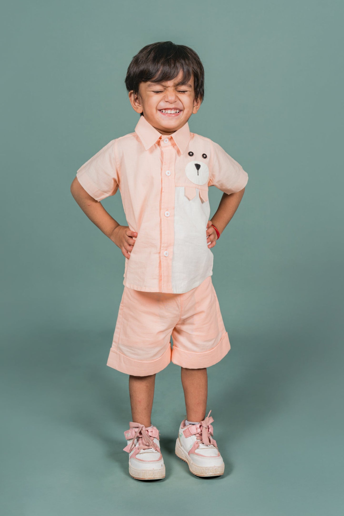 Bear Cute Peach White Shirt Shorts Set