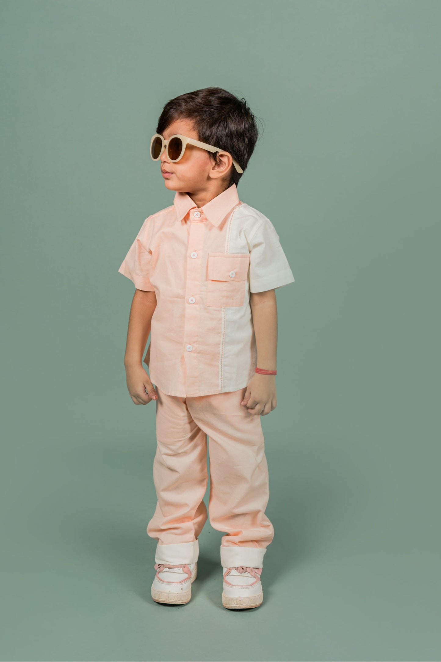 Color-Blocked Peach White Shirt Pant Set