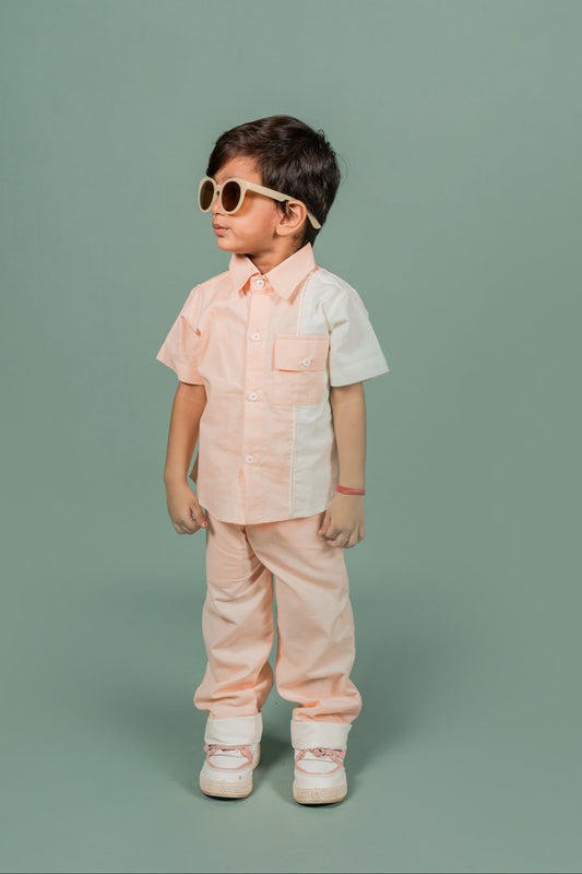 Color-Blocked Peach White Shirt Pant Set