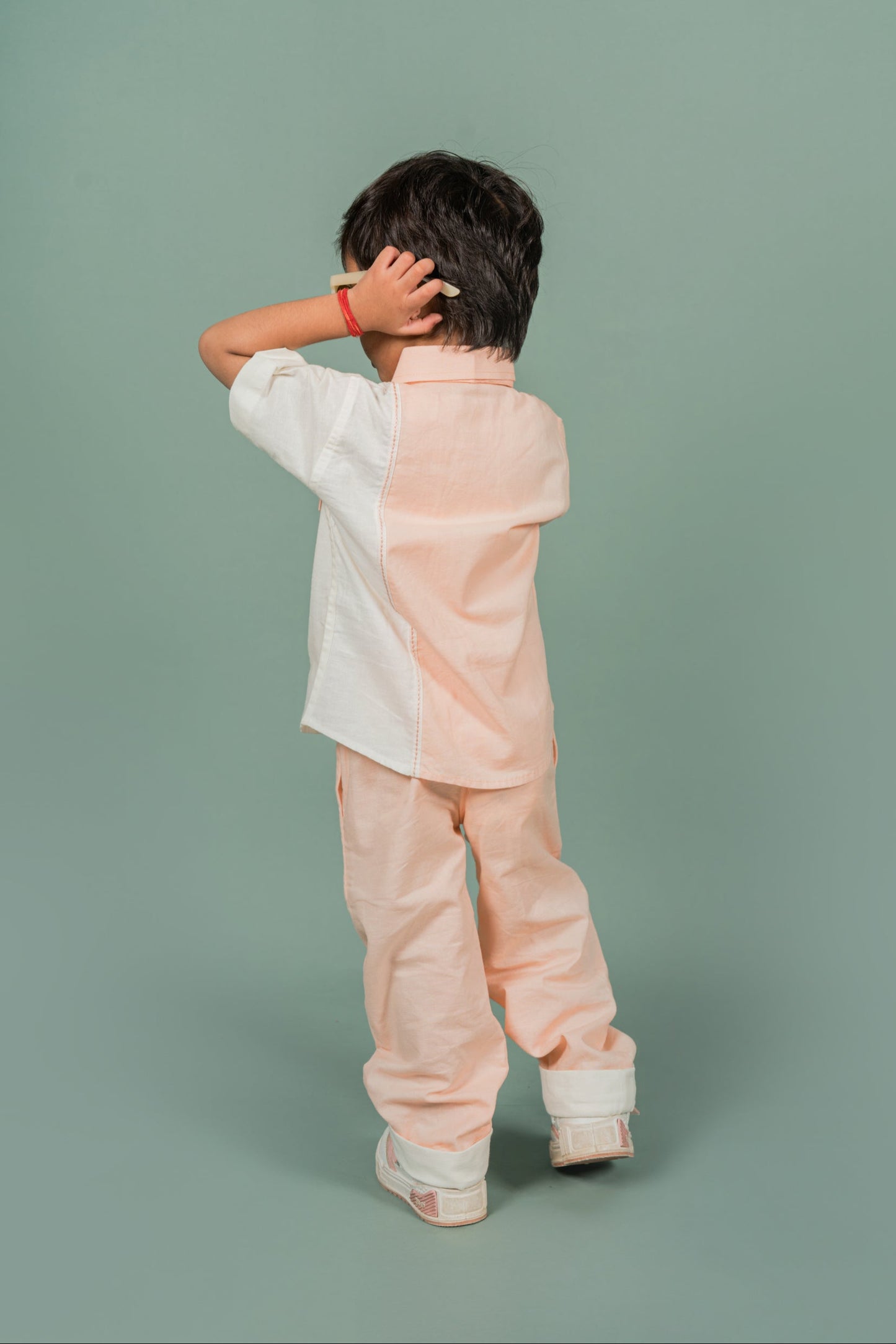 Color-Blocked Peach White Shirt Pant Set