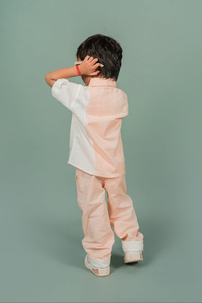 Color-Blocked Peach White Shirt Pant Set