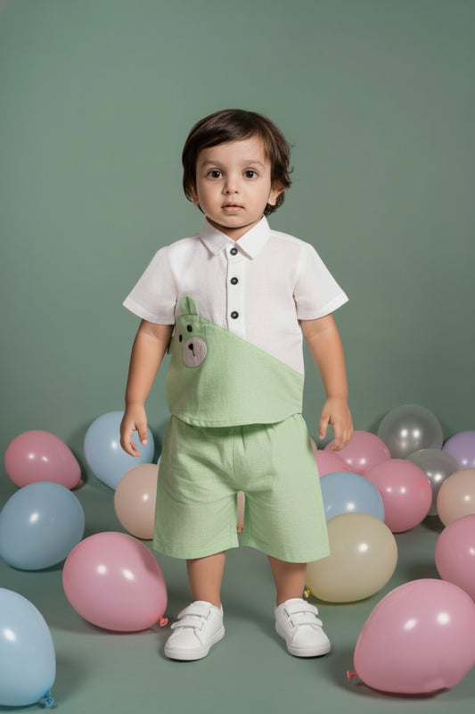 Bear Patch Green White Shirt shorts Set