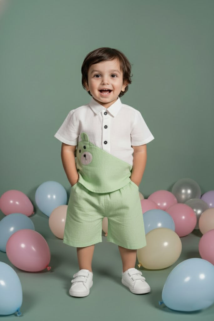Bear Patch Green White Shirt shorts Set